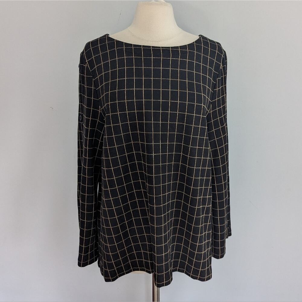 Women's J.Jill Ponte Black Windowpane Tan Blouse with Side Buttons XL Work